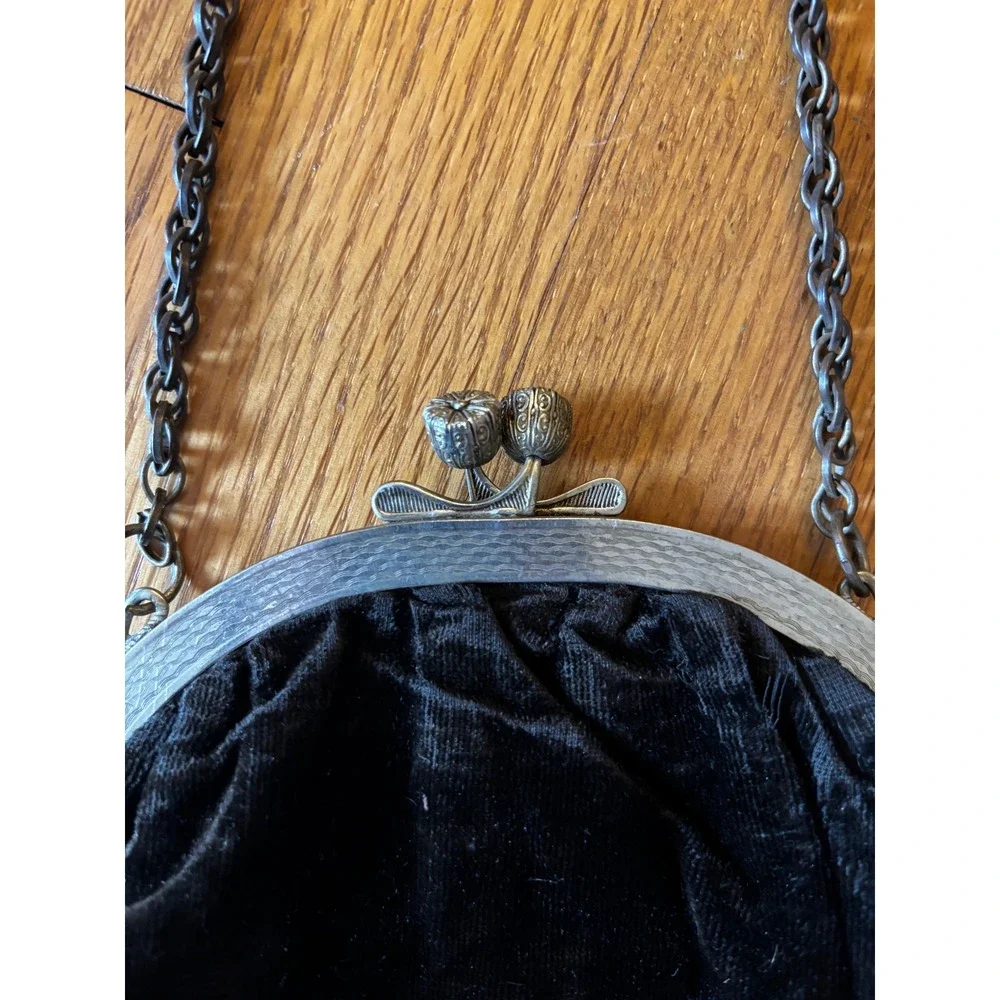 Antique Brownish Black Velvet Tassel Evening Bag Art Deco Kiss Lock Silk Lining